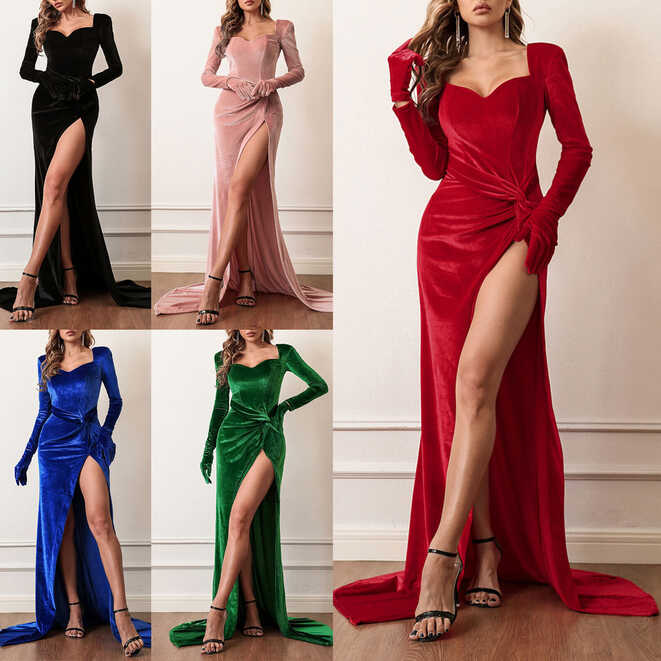 Women Long Sleeve High Split Long Formal Party Maxi Dress Evening ...