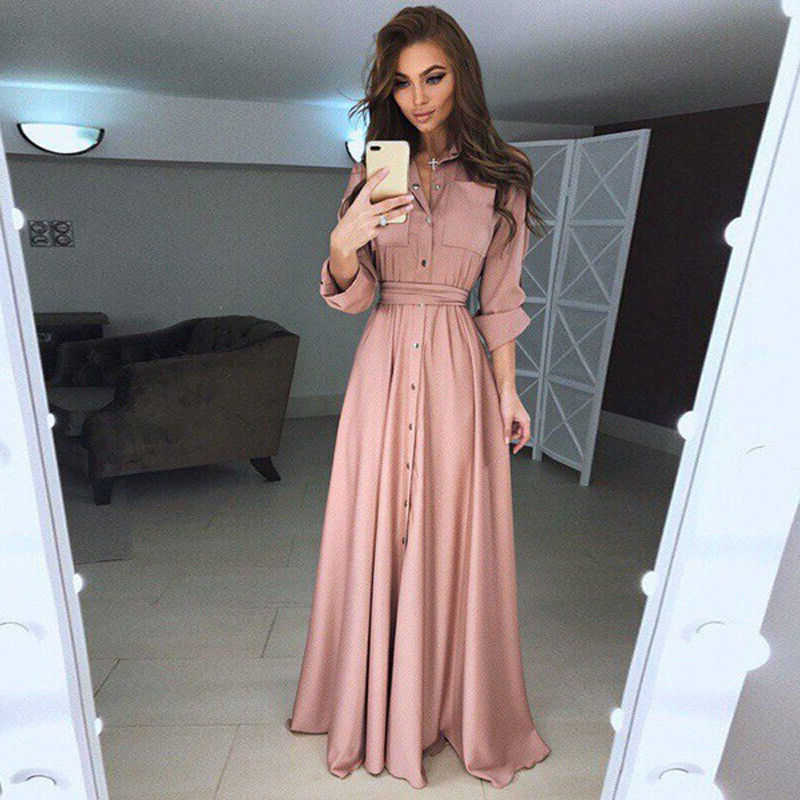 Women Long Sleeve Maxi Dress Evening Party Casual Elegant Shirt ...