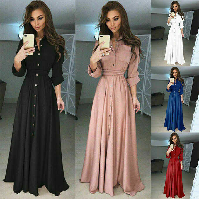 Women Long Sleeve Maxi Dress Evening Party Elegant Shirt Dress ...