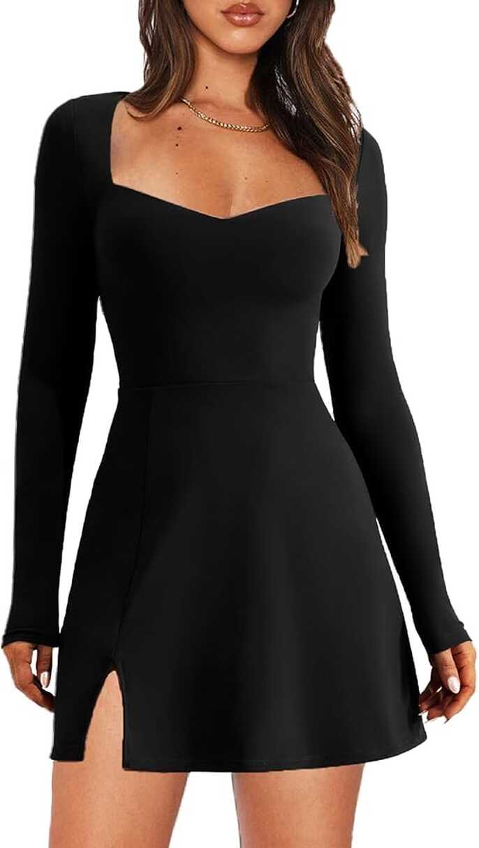 Women Long Sleeve Sweetheart Neck Mini Dress Solid Color Stretch ...