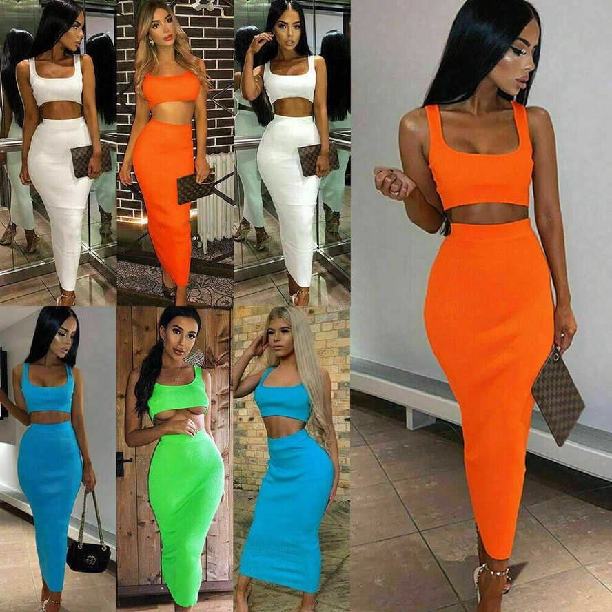 Women Maxi Skirt Crop Top Two Piece Set Dress Ladies Bodycon Co ...