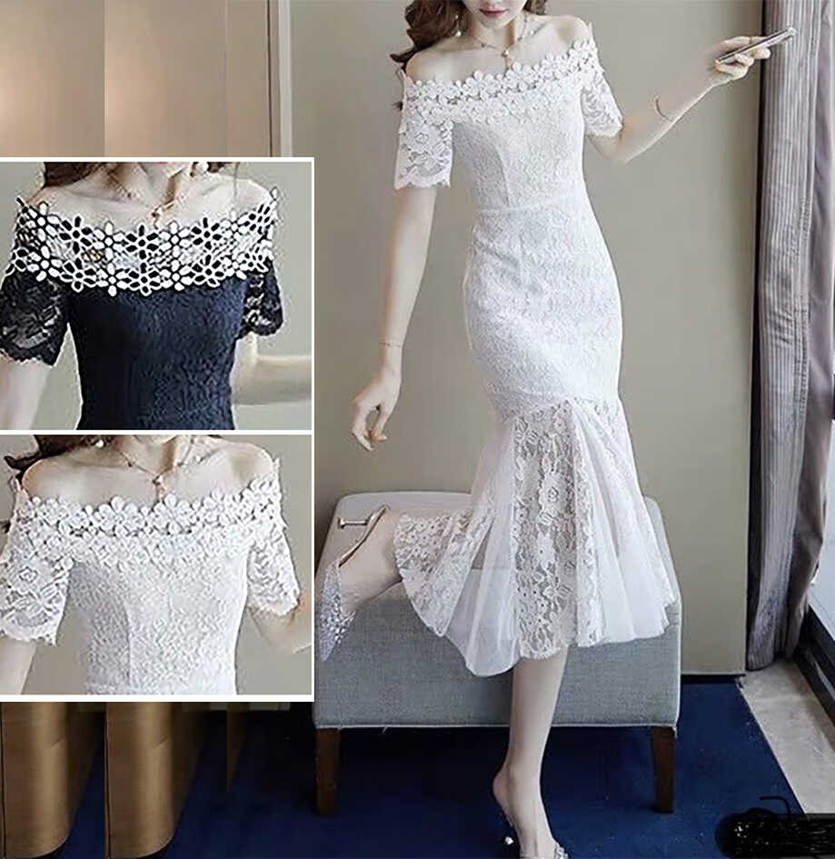 Women Off Shoulder Lace Dress Wedding Dress Korean Elegant Silm ...