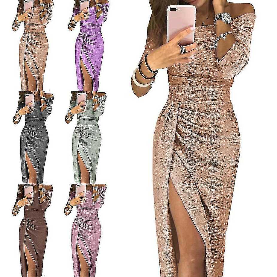 Women Off Shoulder Long Maxi Dress Ladies Glitter Party Formal ...