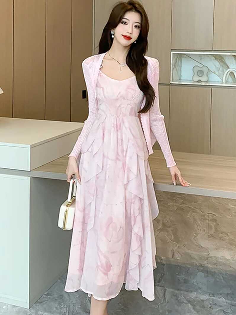 Women Pink Floral Sling Ruffled Beach Long Dress+Pink Long Sleeve ...