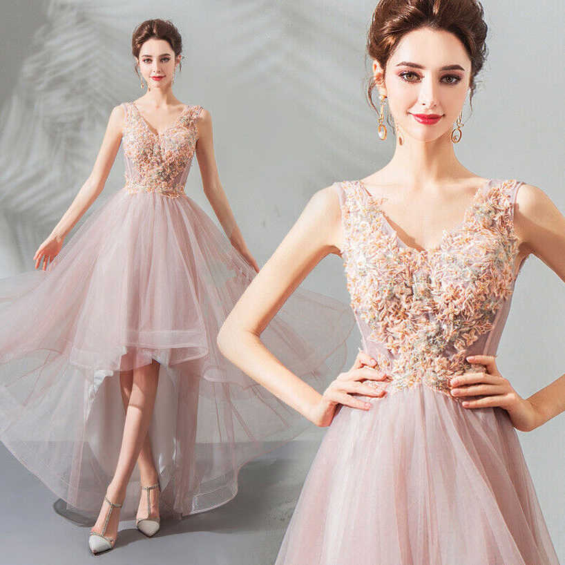 Women Pink Lace Party Evening Dress Gown Sleeveless Front Short ...