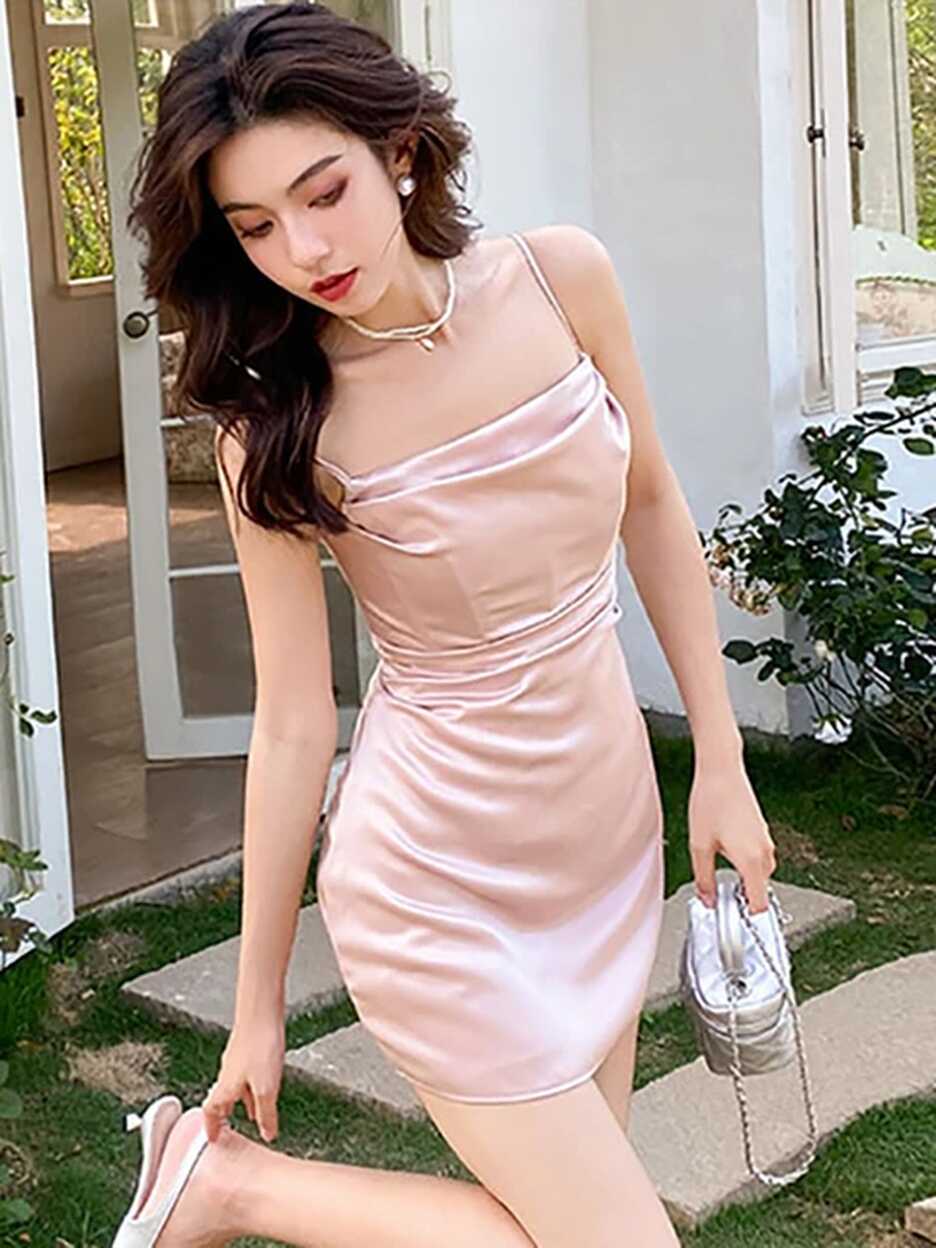 Women Pink Satin Sexy Sling Short Dresses Daring Summer White ...