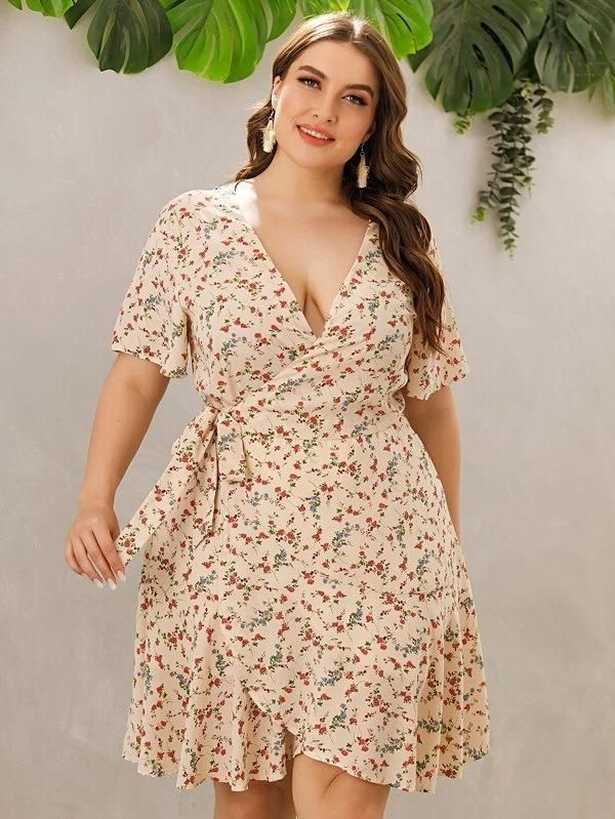 Women Plus Size Ditsy Floral Tie Side Wrap Dress