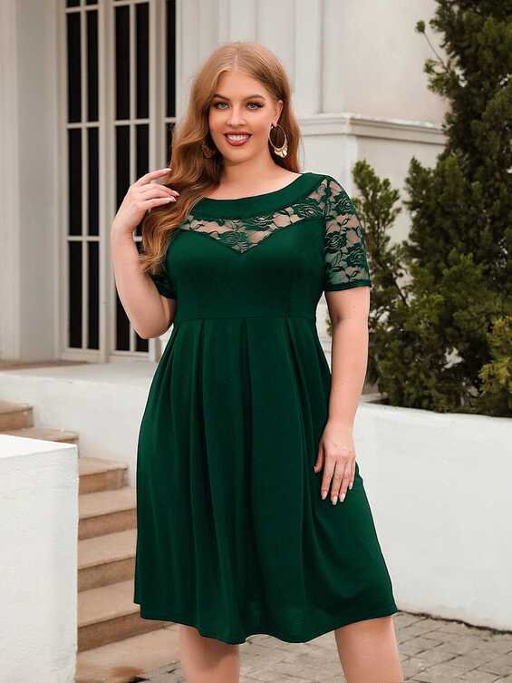 Women Plus Size Lace Casual Short Sleeve Round Neck Flowy Dress_ ...