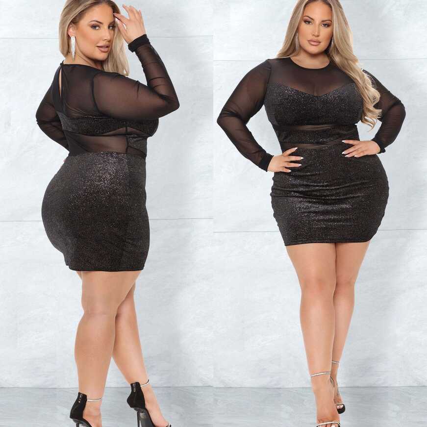 Women Plus Size Long Sleeve Glitter Mesh See Through Bodycon Party ...