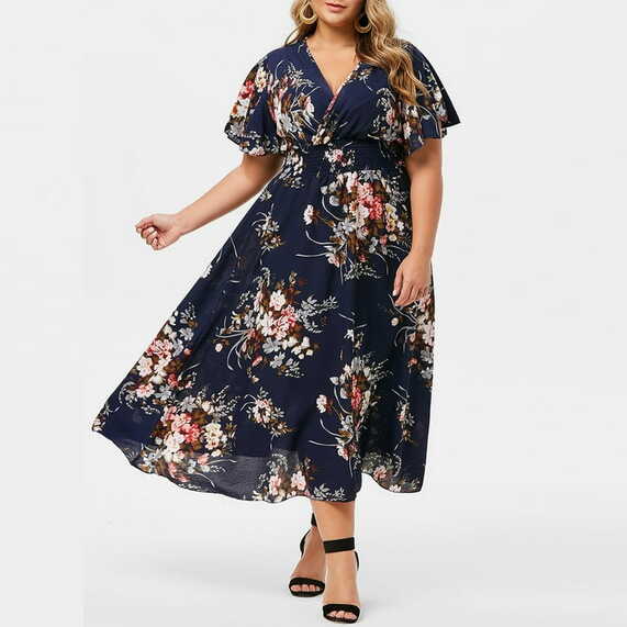 Women Plus Size Maxi Dresses Floral Printed Empire Waist V Neck ...