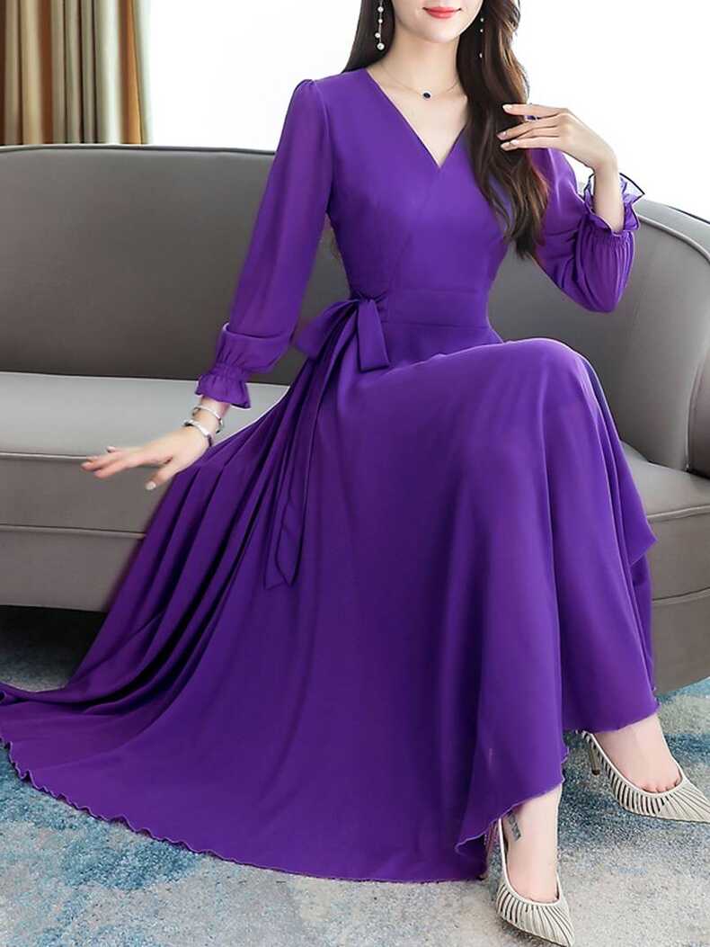 Women Purple V-Neck Long Sleeve Georgette Maxi Dress – SVB Ventures