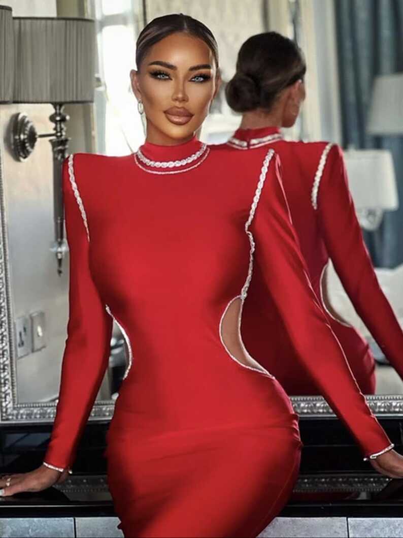 Women Red Long Sleeve Turtleneck Cut Out Wiast Embroidery Bodycon ...