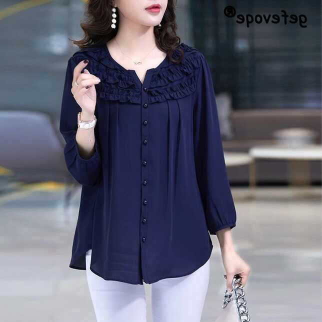 Women Ruffled Elegant Button Shirts Spring Summer Fashion V Neck ...