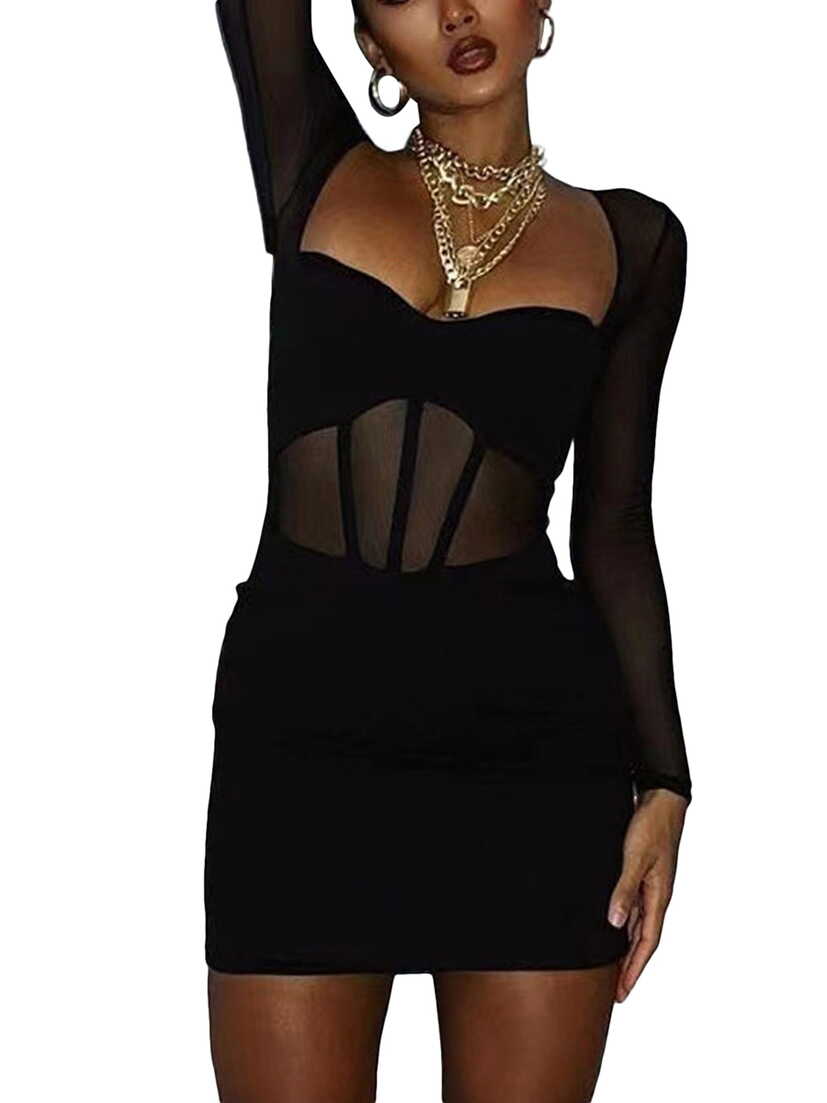 Women See Through Sheer Mesh Patchwork Mini Dress Long Sleeve ...