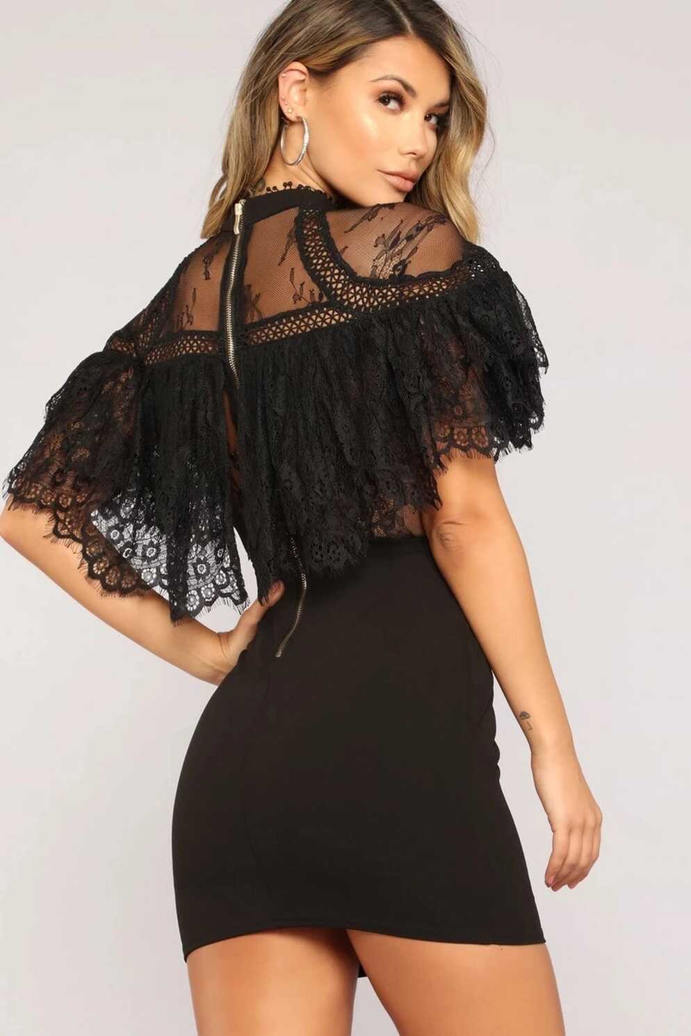 Women Sexy Club Dress Black See Though Lace Short Sleeves Bodycon ...