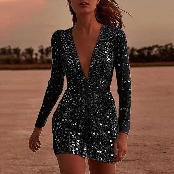 Women Sexy Glitter Dress Elegant Deep V Neck Sequin Mini Bodycon ...