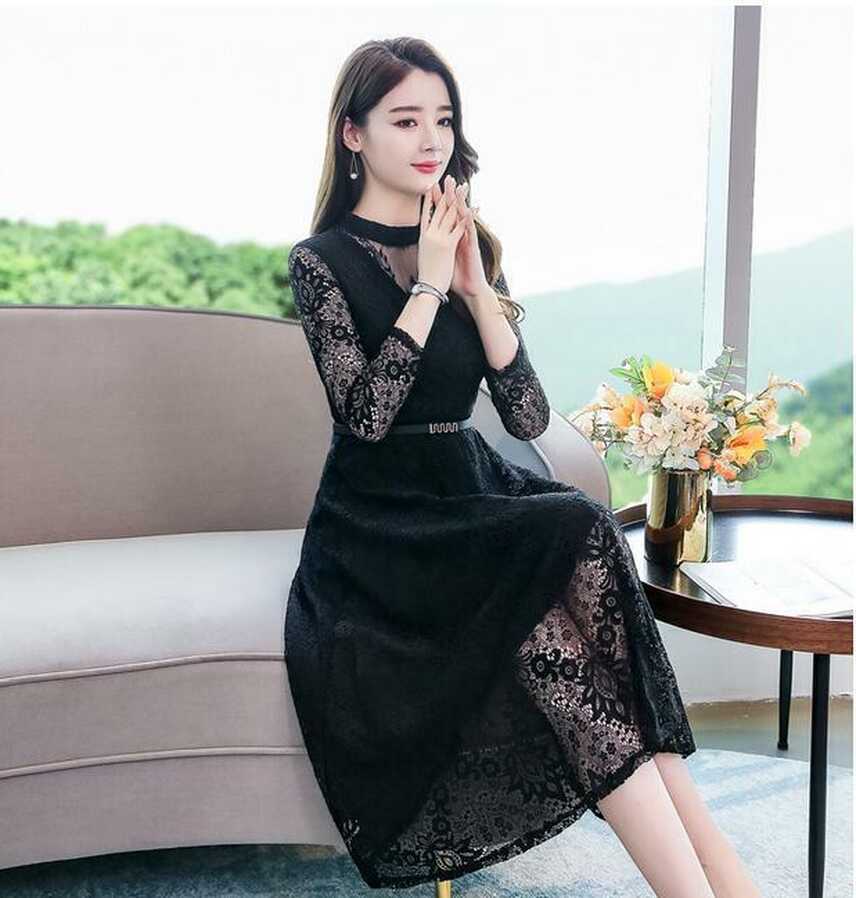 Women Sexy Lace Floral Korean Evening Cocktail Formal Long Sleeve ...