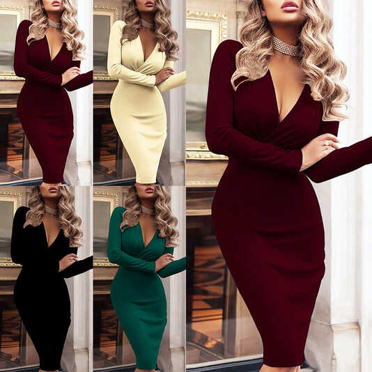 Women Sexy V Neck Long Sleeve Bodycon Ladies Evening Cocktail ...