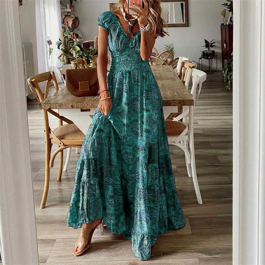 Women Short Sleeve Elegant Evening Dress Flower A Line Boho Skirt ...