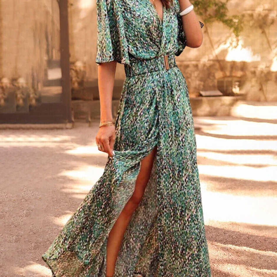 Women Short Sleeve Floral Maxi Dress V Neck Belted Side Split Long ...