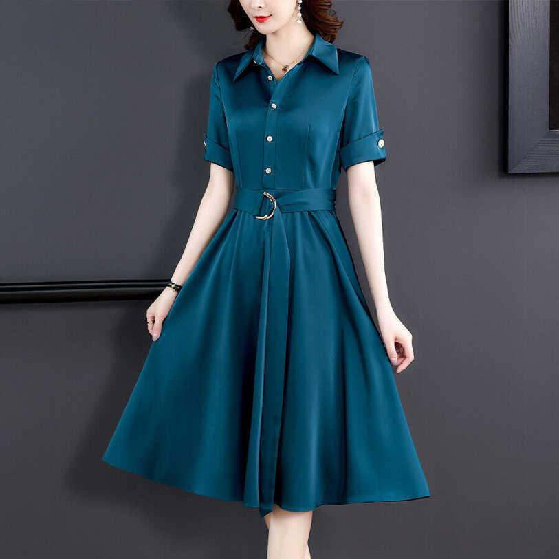 Women Short-Sleeve Satin Dress Summer Fashion Lapel Collar Knee ...