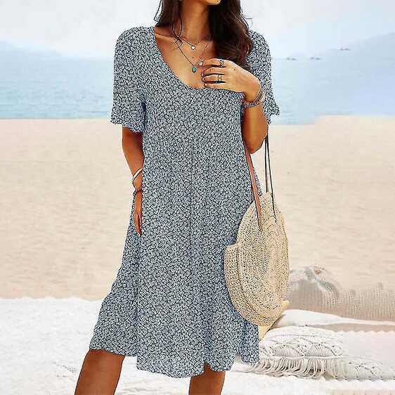 Women Short Sleeve Summer Beach Sundress Casual Holiday Midi Dress ...