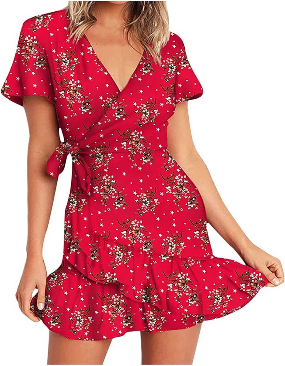 Women Short Sleeve Wrap Boho Floral Mini Dress Ladies Summer ...