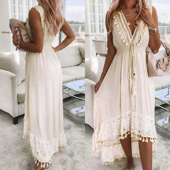 Women Strap Sleeveless Beach Bohemian Maxi Dress Robe Ladies Deep ...