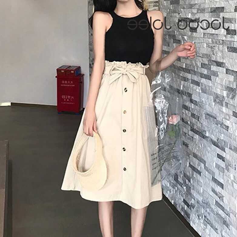 Women Summer Autumn Korean Long Skirts Elegant High Waist Tie Up ...