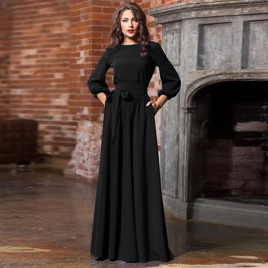 Women Summer Casual Party Dress Lantern Sleeve Solid Long Dresses ...