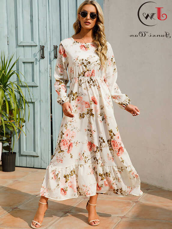 Women Summer Dress Floral Print Casual Long Dresses Female Long ...