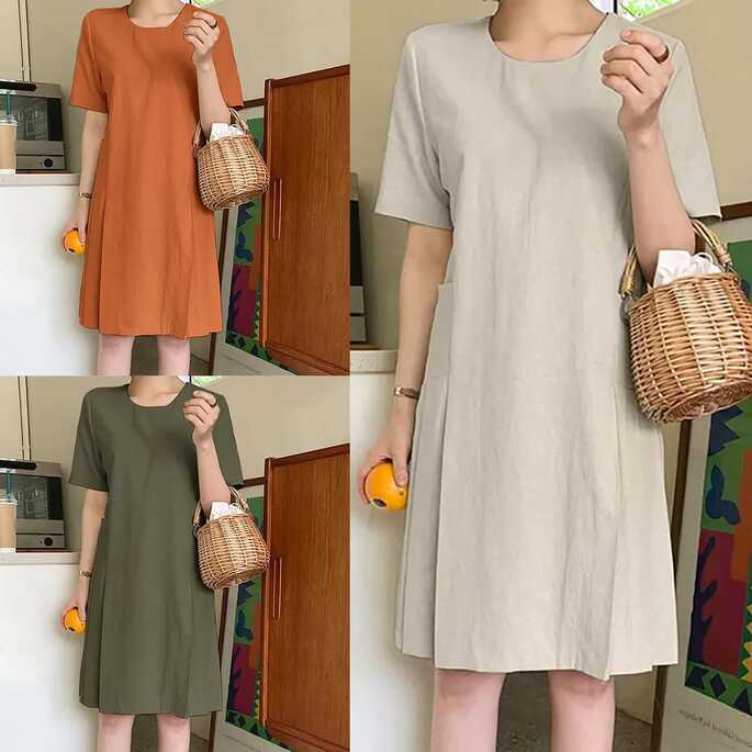 Women Summer Dress Pockets Cotton Linen Casual Dresses Fashion ...