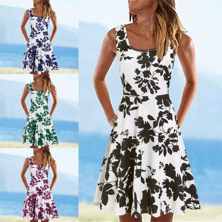 Women Summer Dress Sleeveless U-neck A-line Short Casual Printed ...