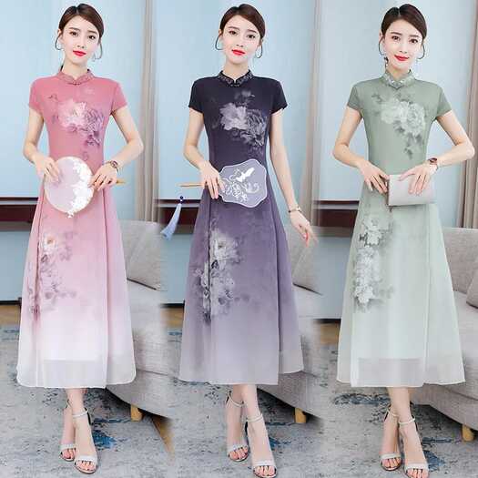 Women Summer Elegant Short-Sleeve Cheongsam Dress A-Line Retro ...