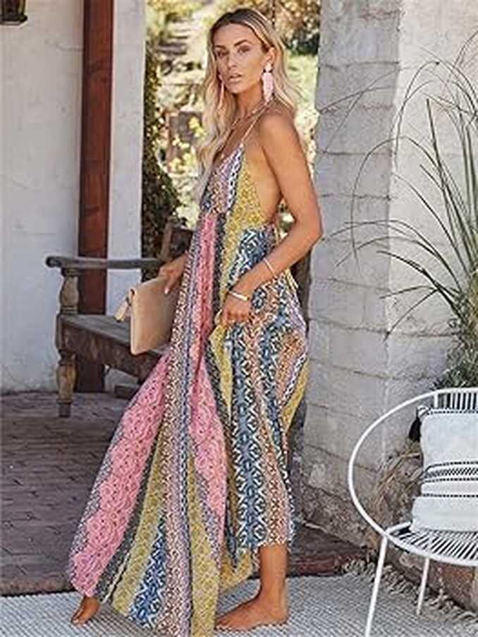 Women Summer Maxi Boho Party Long Dress Holiday V Neck Spaghetti ...