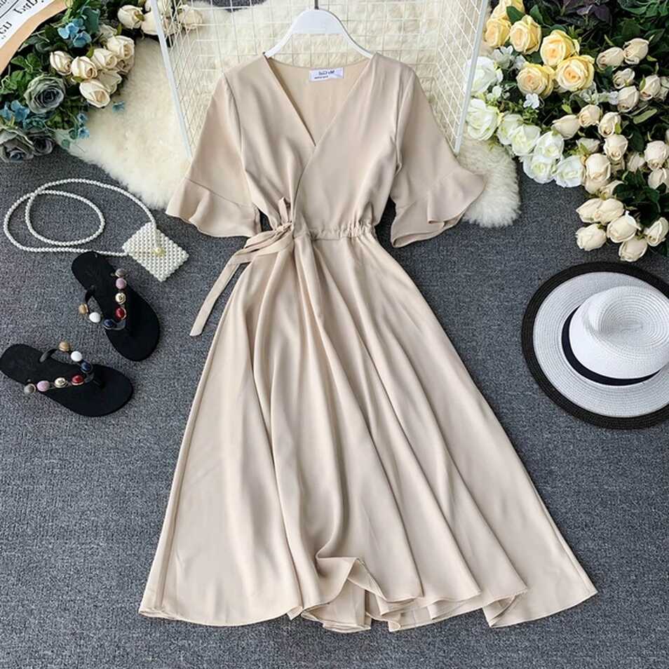 Women Summer New Fashion Sexy V Neck Short Sleeve Dress Ladies ...