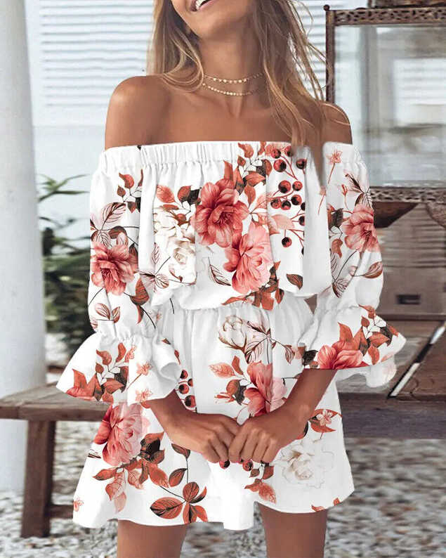 Women Summer Off Shoulder Mid Sleeve Floral Dress Casual Holiday ...