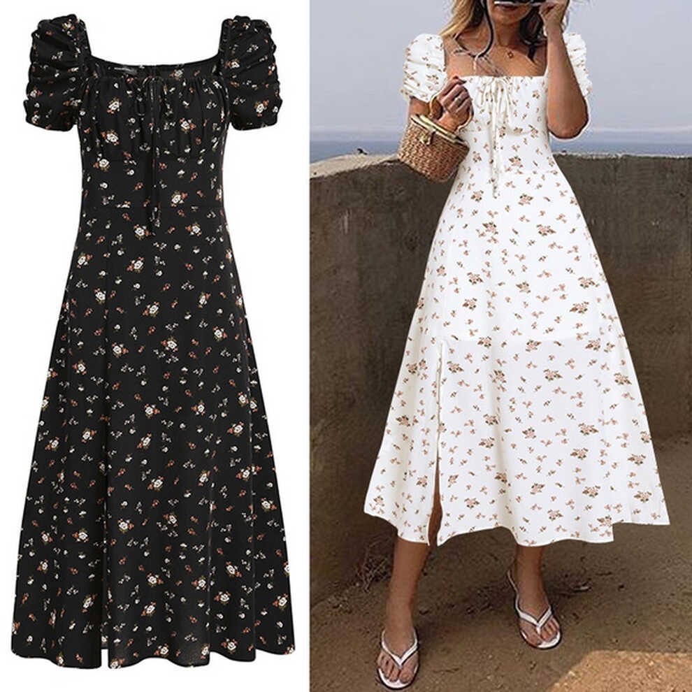 Women Summer Puff Short Sleeves Maxi Dress Floral Print Bohemian ...