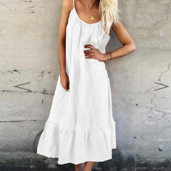 Women Summer Spaghetti Strap Dress Girls Round Neck Ruffles Loose ...