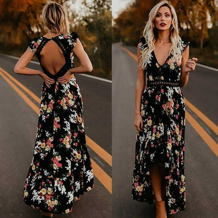 Women Summer Vintage Boho Long Maxi Dress Party Beach Dress Floral ...