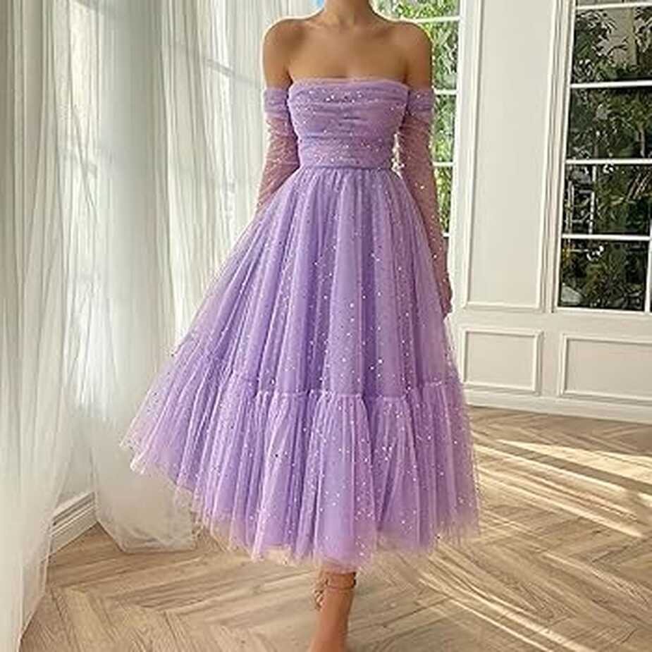 Women Tulle Long Sleeve Dress Teens Girls Evening Prom Dresses ...