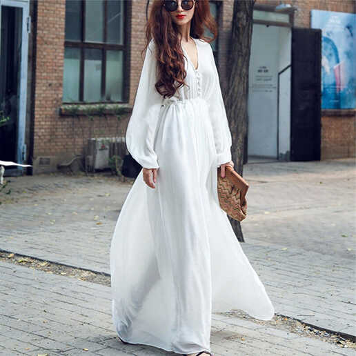 Women V-neck Long Sleeve Chiffon Maxi Dress Summer Casual Bohemian ...