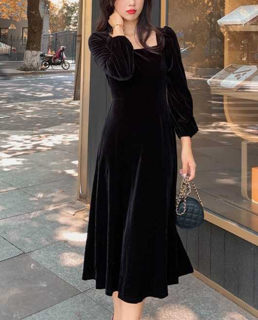 Women Velvet Dresses, Midi Velvet Dress, Puff Sleeve Dress ...