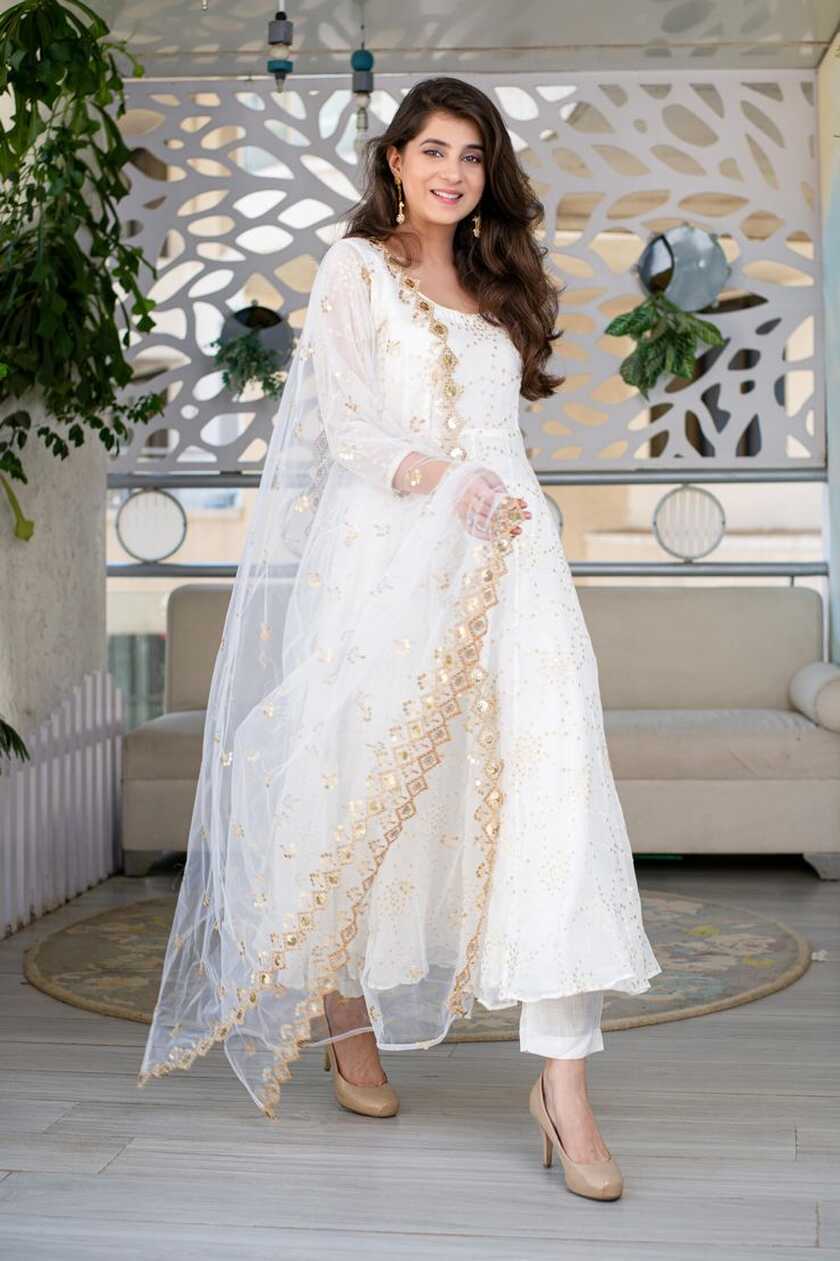 Women White Anarkali Kurta with Palazzo &amp; Dupatta by Label Shaurya ...