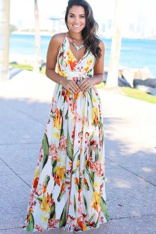 Women White Floral Print Wrap Crisscross Back V Neck Casual Maxi ...