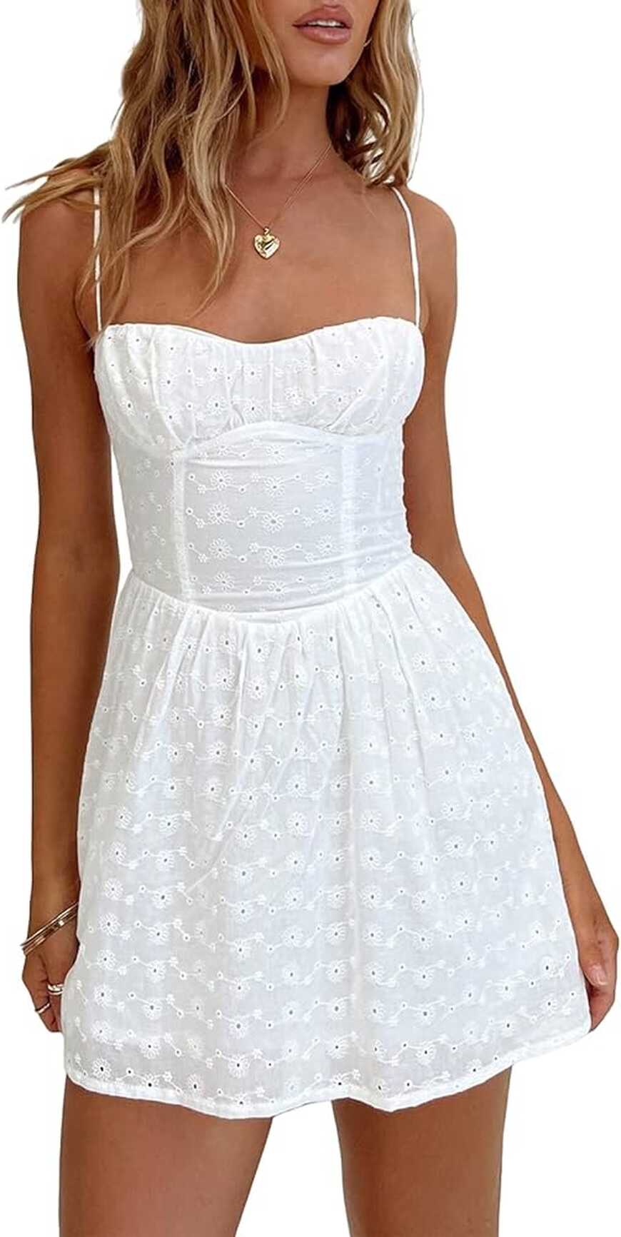 Women White Spaghetti Strap A-Line Mini Dress Summer Floral Eyelet ...