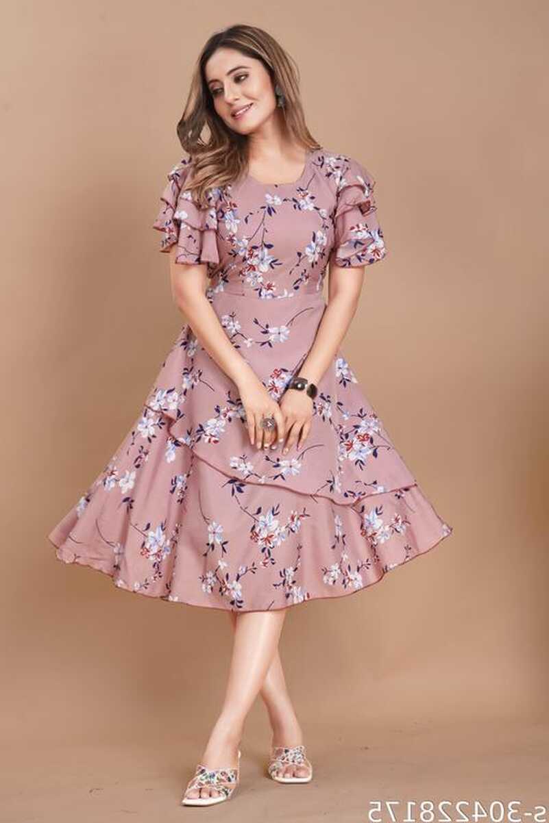 Women Wine &amp; White Floral Print Layered Knee Length Dress