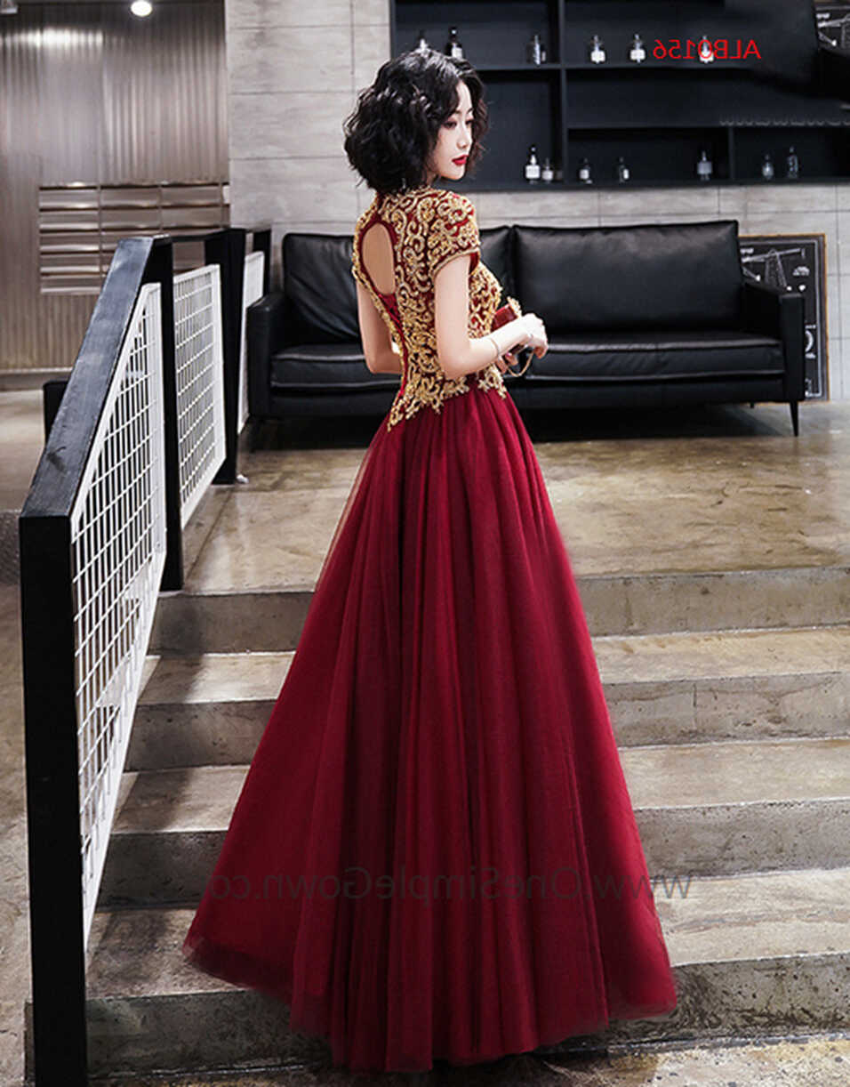 Women Wine Red Embroidery Lace Event Dinner Dress - OneSimpleGown.com