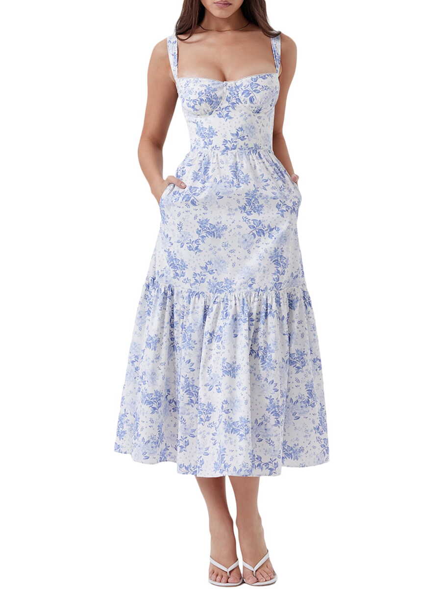 Women Y2k Floral Midi Corset Dress Boho Sleeveless Strap Square ...