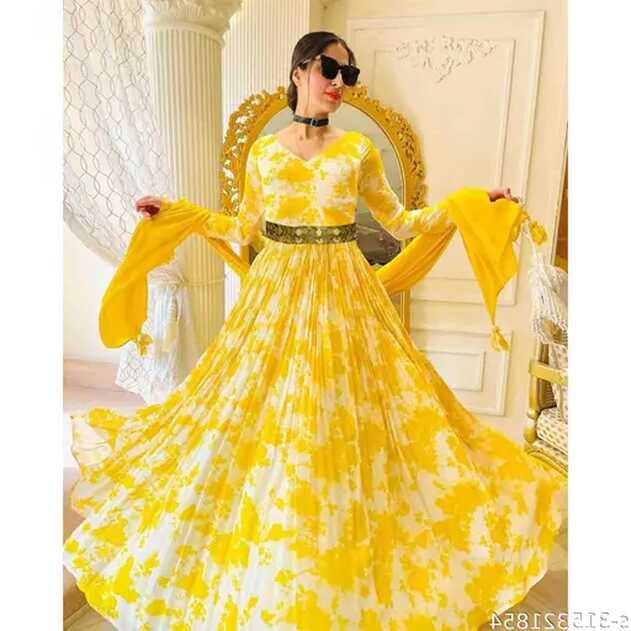 Women and girls&#39; new yellow color gown with dupatta and belt for ...